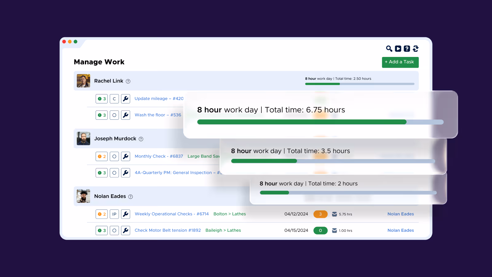 Task management interface showing work progress bars and total hours logged for employees Rachel Link, Joseph Murdock, and Nolan Eades.